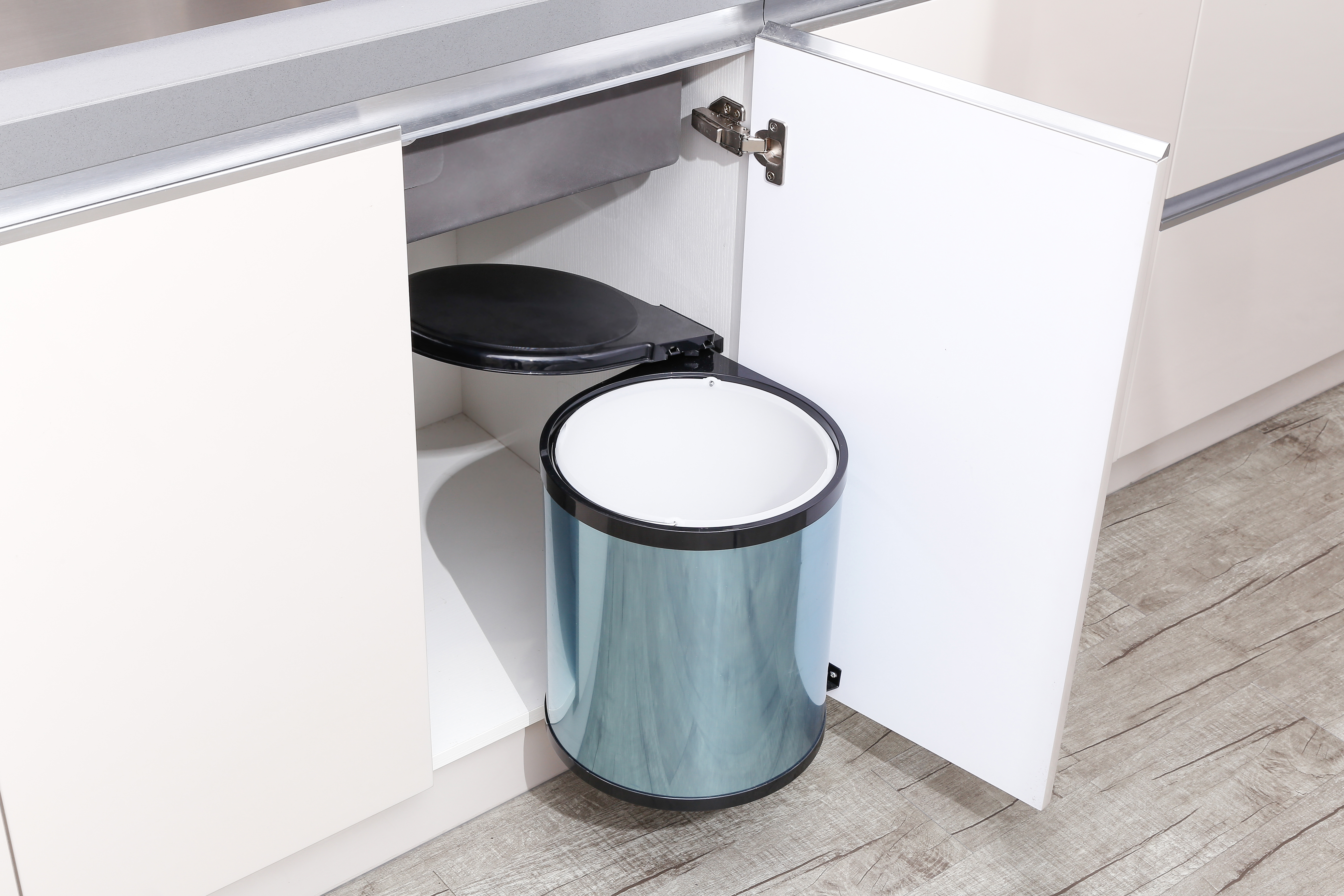 Swing out round stainless steel and white waste bin , 14 L