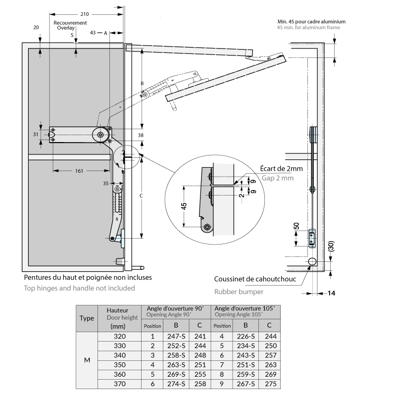 Bras de relevage HBFN porte pliante lourde Paul Rocheleau Inc.