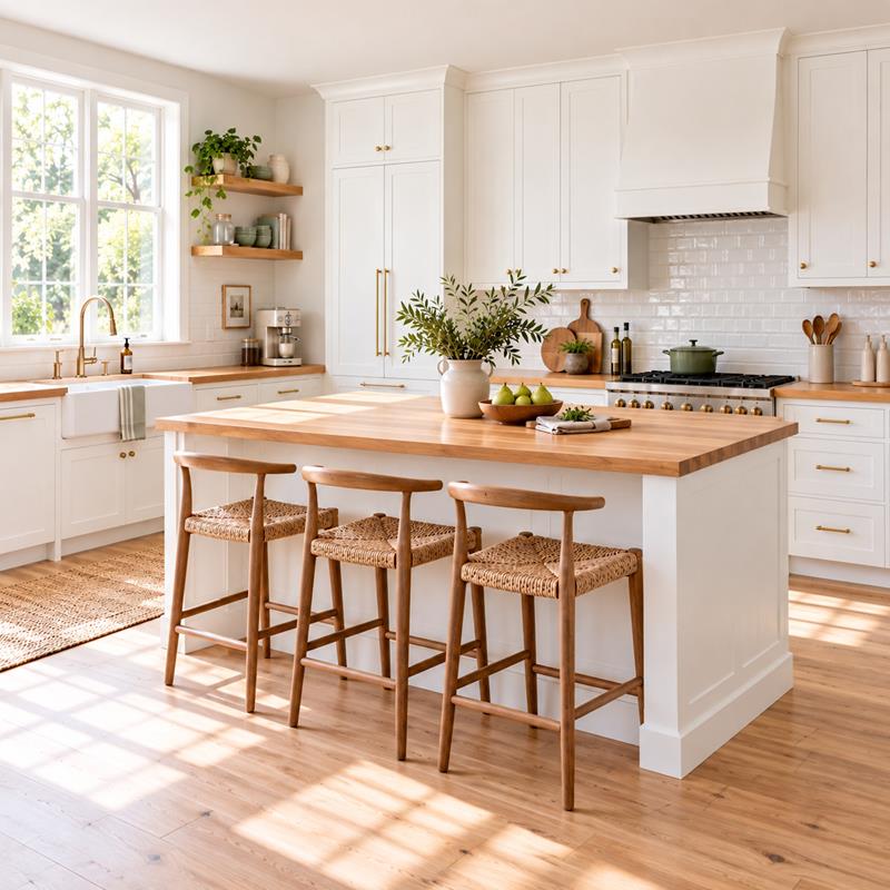 Cuisine ferme moderne baignée de soleil