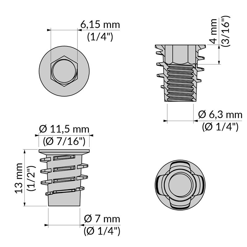 Écrou type D 1/4" x 13 mm spec