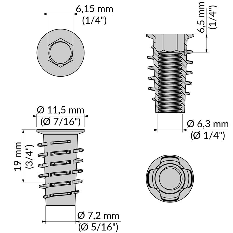 Écrou type D 1/4" x 20 mm spec