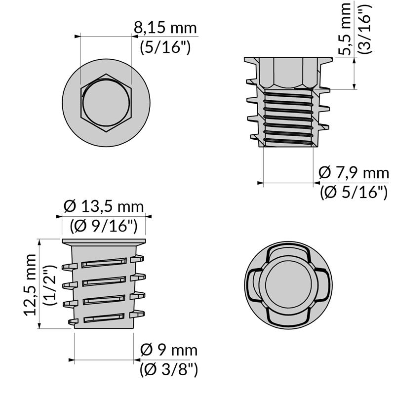 Écrou type D 5/16" x 13 mm spec
