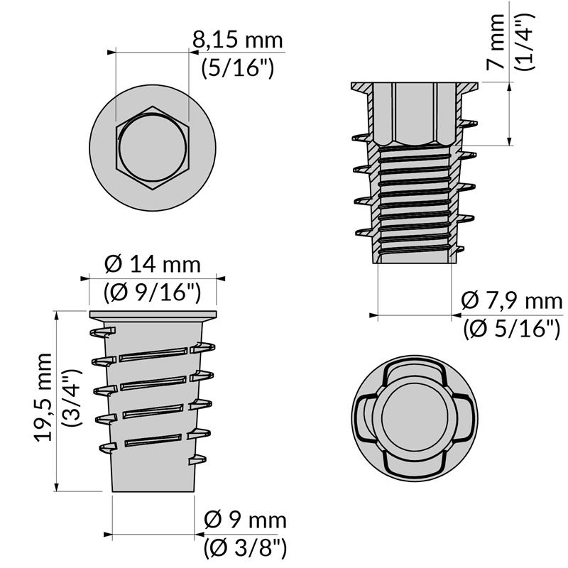 Écrou type D 5/16" x 20 mm spec