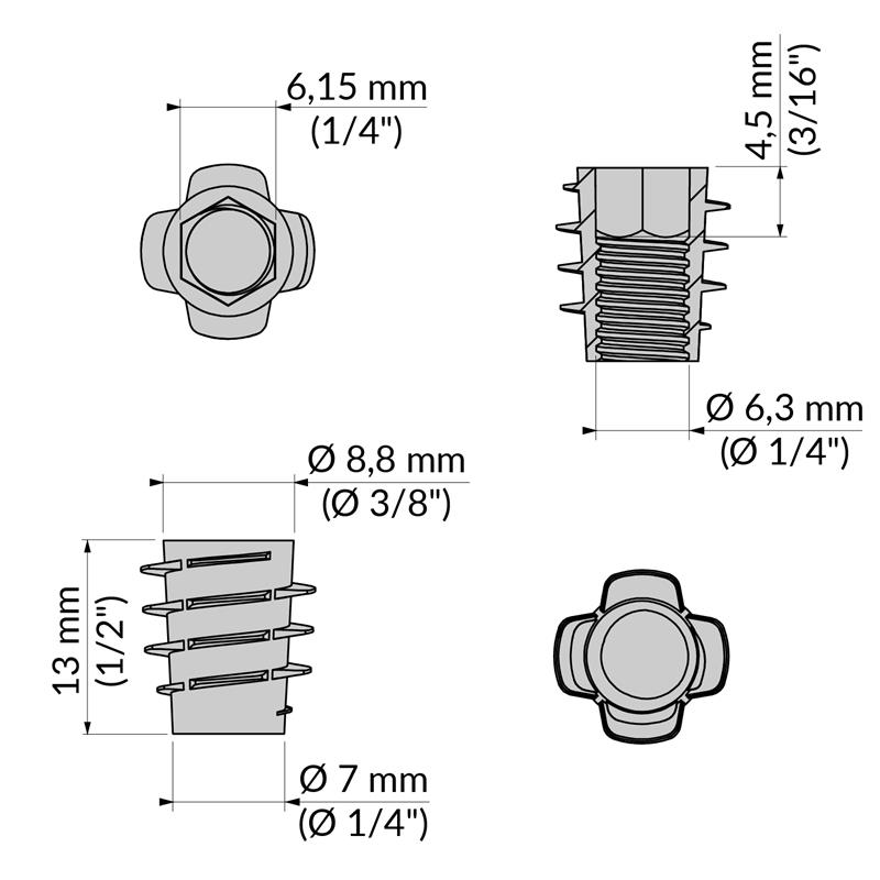 Écrou type E 1/4" x 13 mm spec