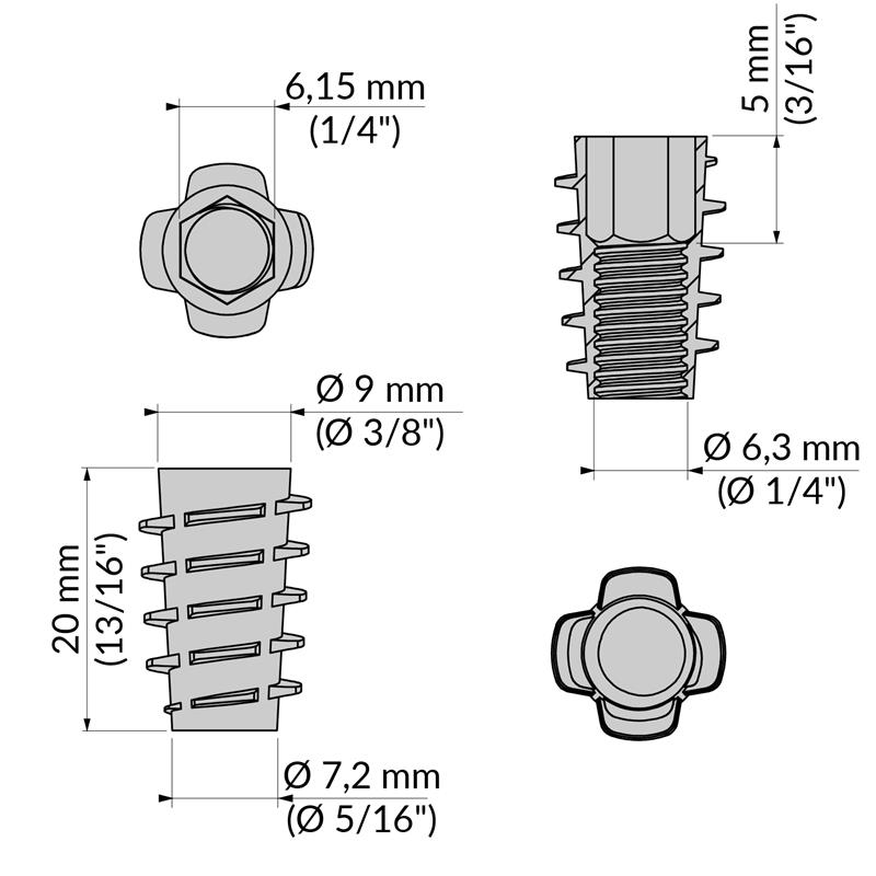 Écrou type E 1/4" x 20 mm spec