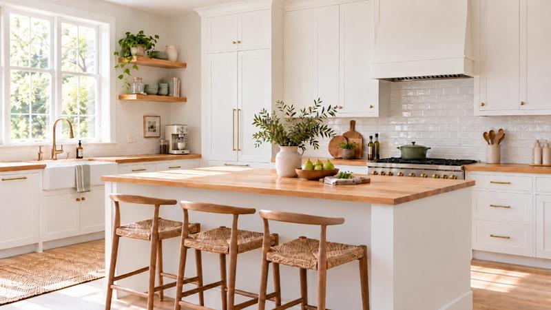 Cuisine ferme moderne baignée de soleil